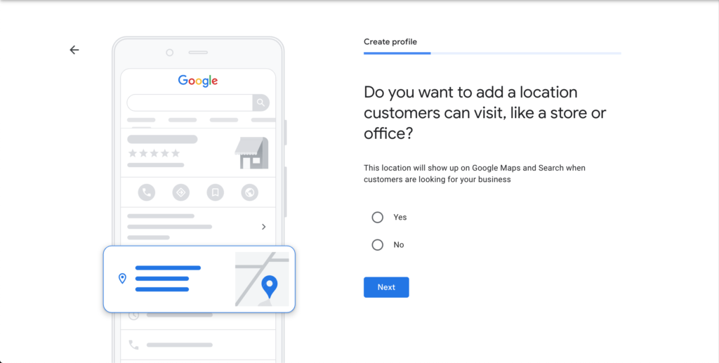 Screenshot of Google Business Profile, "Do you want to add a location customers can visit, like a store or office."
