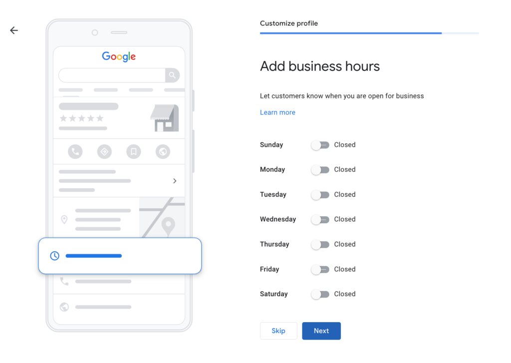 Screenshot of Google Business Profile, "Add business hours"